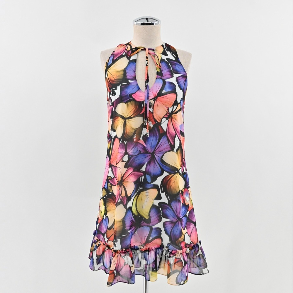 Vtg Y2k Atina Cristina Colorful Butterfly Mini Dress Sz XS Sleeveless Ruffle Hem